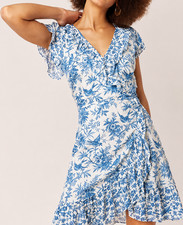 Oasis Toile White & Blue Poplin Sketch Bird Floral Wrap Frill Dress 8