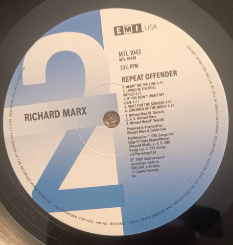 Richard Marx Vinyl LP - Repeat Offender. EMI USA. A-1/B-1. Top Rate. - Picture 6 of 6