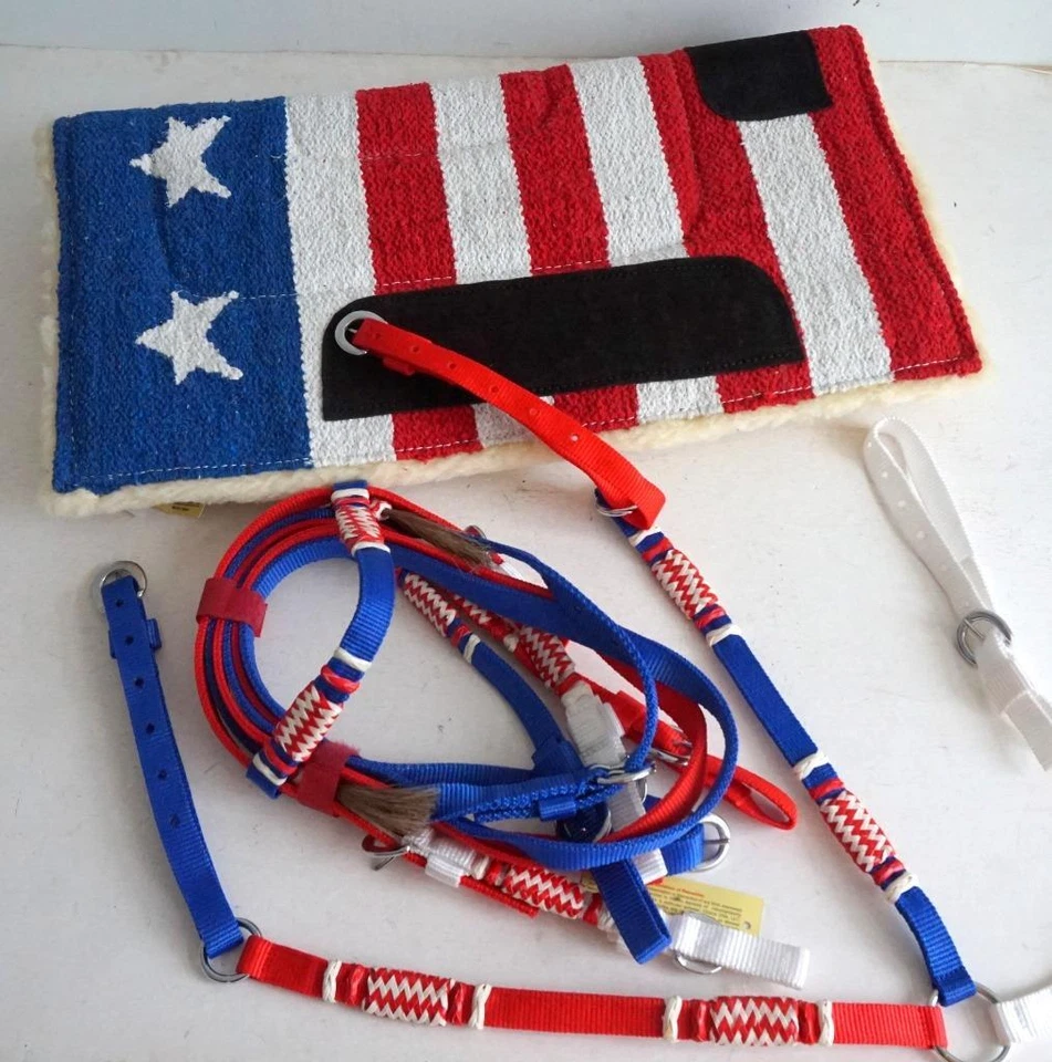 EQUITEM RWB Pony Headstall Breastplate & Or 24x24" Red White Blue PAD - Parades Shows!