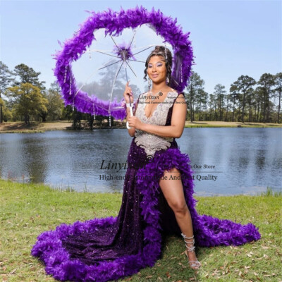 Purple Sequin Mermaid Prom Dress Black Girl Rhinestone Crystal Feath Party  Gala