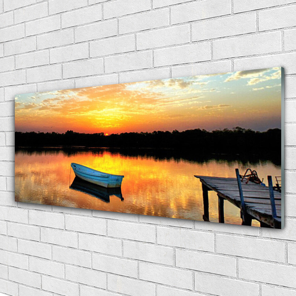 Tableau impression sur verre panorama 125x50 cm pour salon moderne motif bateau et pont sur le lac
