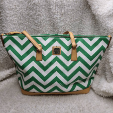 Dooney  Bourke Green and White Chevron Striped Coated Shopper Tote
