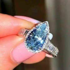 2Ct Pear Cut Simulated Blue Topaz Halo Women's Ring 14k White Gold Plated Silver