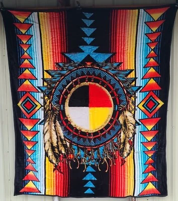 MEDICINE WHEEL INDIAN NATIVE AMERICAN WESTERN FEATHER QUEEN SIZE BLANKET