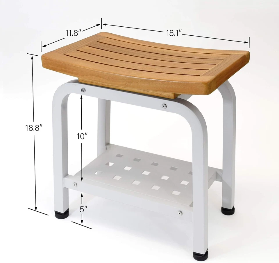 Bali Shower Bench Teak & Aluminum Bath Stool Chair Side Table Light Beige - Image 3 of 4