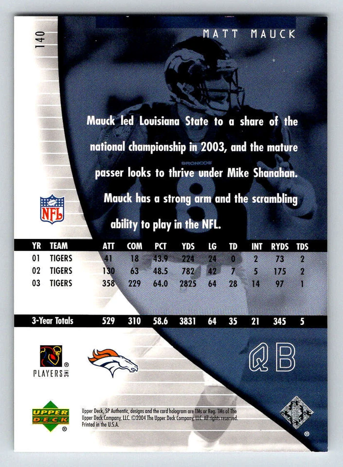 2004 SP Authentic #140 Matt Mauck RC 1199 (ref 196743) - Image 2 of 2