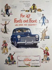 1947 Ford Automobile Out Front Future All Over Country Cartoon Vintage Print Ad