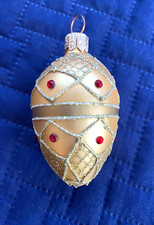 Jeweled Glass Egg Christmas Ornament Gold w Sparkling Glitter Red Jewels