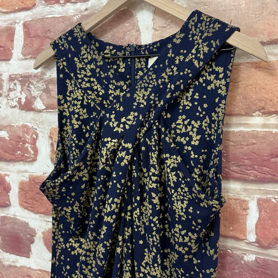 Vestido Michael Kors Mujer XL Azul Dorado Metálico Ditsy Floral Elástico Cremallera Foto 4 de 4