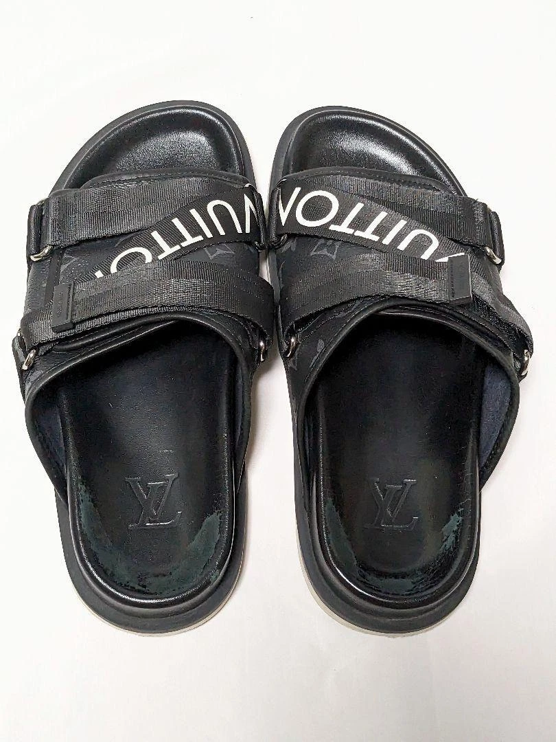 Louis Vuitton Monogram Leather Honolulu Line Sandals Black Size 7 Japan  [Used]