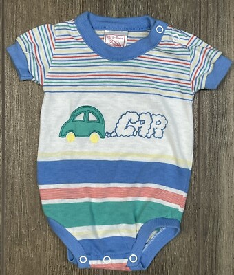 Vintage Buster Brown Summer Bubble Romper Stripes Car Baby
