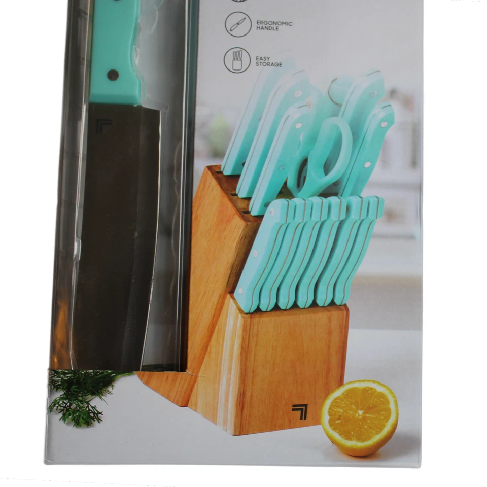 14 PC Sharper Image Knife Block Set AQUA SKY High Quality Stainless Steel Wood - Image 3 of 4
