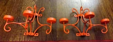 Vtg Pair Set Ornate ORANGE Metal 3 Arm Tea Candle Stick Holder Wall Sconces FAB!