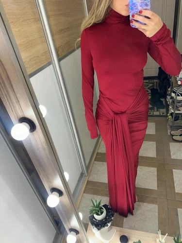 Long Sleeves Knot Sarong Maxi Slinky Jersey Dress - Picture 23 of 27