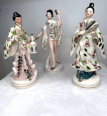 VTG Japanese Porcelain Geisha Figurines Set 3 Hand Painted Gold 7'' Made In Japan