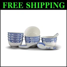 Microwave Safe 6-Piece Blue and White Porcelain Soup Bowl Set with Spoons