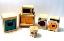 Plan Toys Kitchen Set Wood Pretend Play Dollhouse Pieces Microwave Laundry Stool
