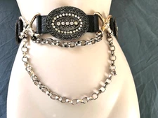Streets Ahead Belt Sz S Black Leather Gold Tone Hardware Silver Tone Chains Rhin