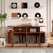Record Player Stand 55'' Wooden Turntable with Charging Station  Display Shelf