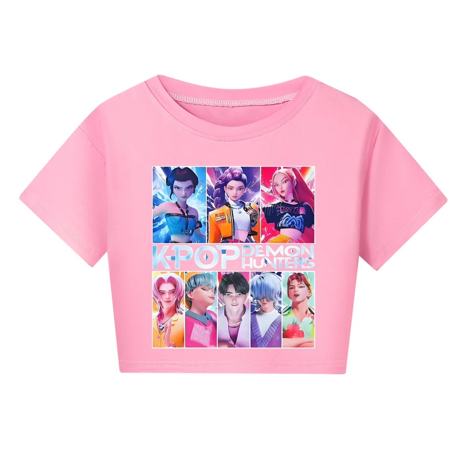 Girls Devil Hunters Crop Top Tee Kids Casual Kpop Music Short Sleeve T-Shirts - Image 4 of 4