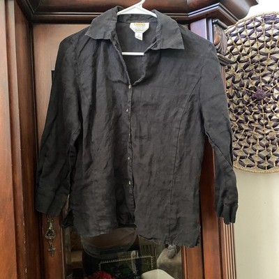 Talbots Black Irish Linen Button Down Shirt 3/4 Sleeves  Women s Sz 8