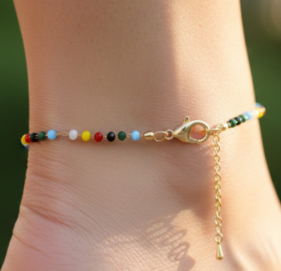 Boho Multi-Color Beaded Brass Anklet Gold Tone Rainbow Charm Designer Anklet