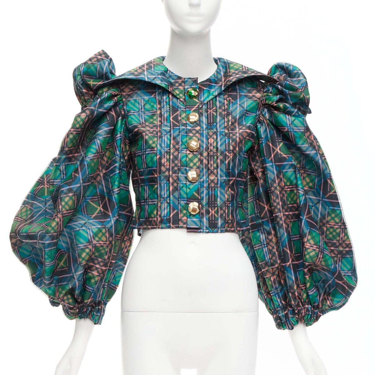 CHOPOVA LOWENA green plaid tartan gold textured button puff CHOPOVA LOWENA green plaid tartan gold textured button puff