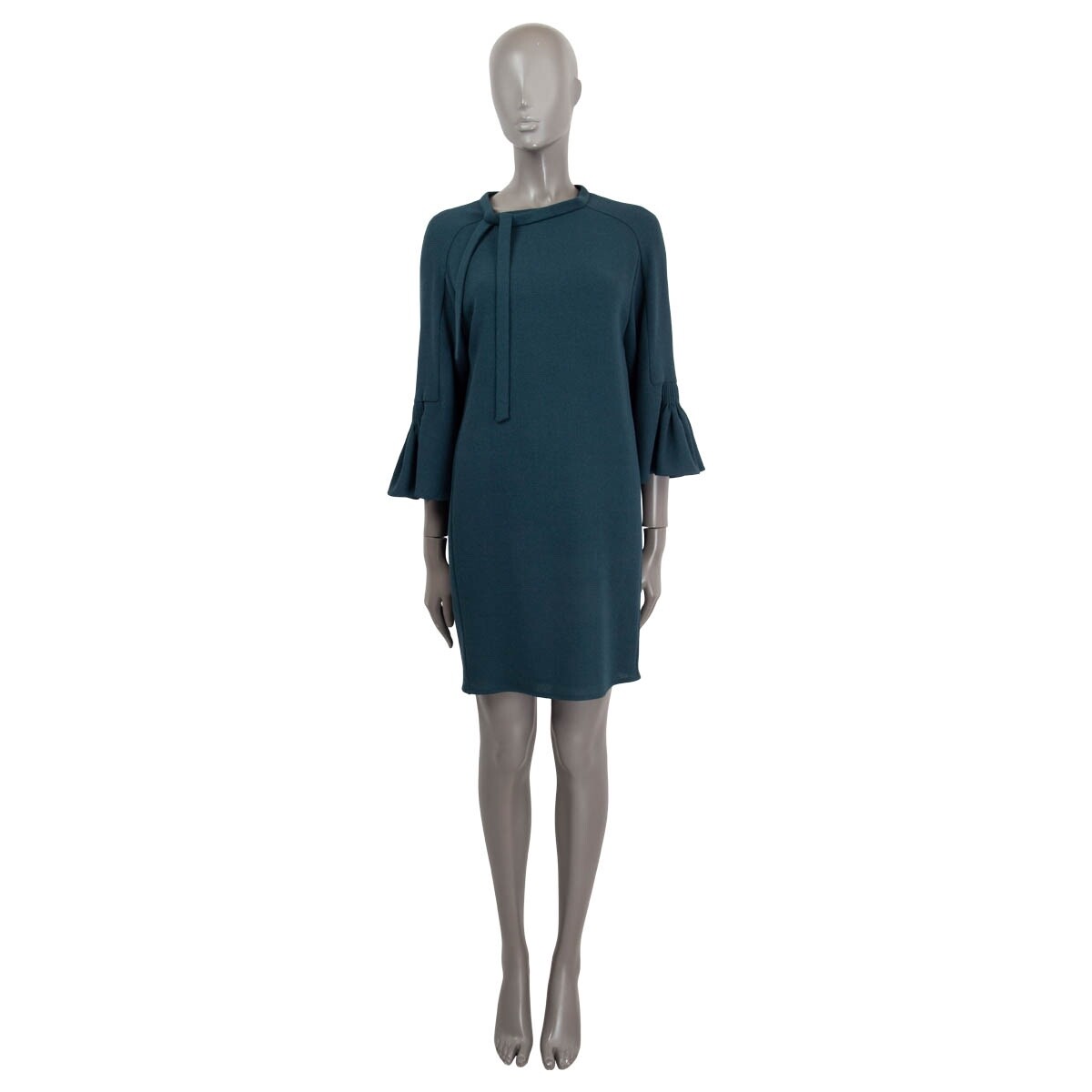 66585 auth HERMES petrol blue wool PUSSY BOW BELL SLEEVE Shift Dress 36 XS