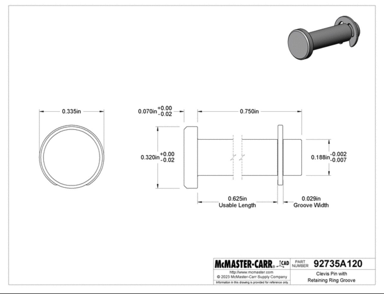 Lot Of 30 McMaster 3/16 5/8 92735A120 Clevis Pin with Retaining Ring