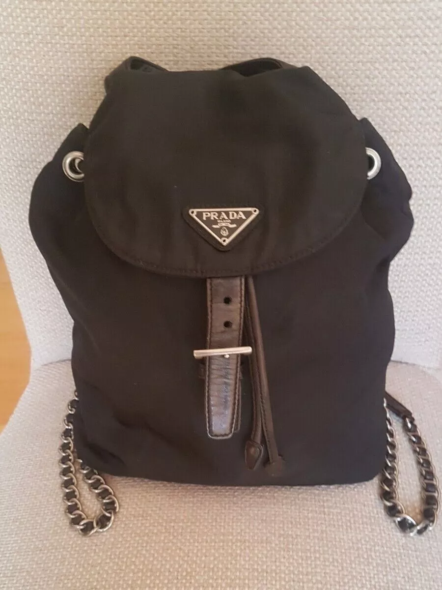 Vintage 90s black Prada tessuto nylon drawstring backpack bag silver woven chain