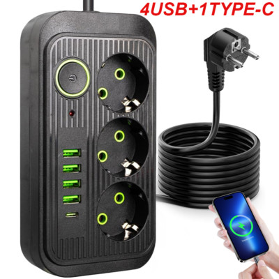 Steckdosenleiste 4x USB 3 Fach Mehrfachsteckdose Verlängerungskabel Flachstecker