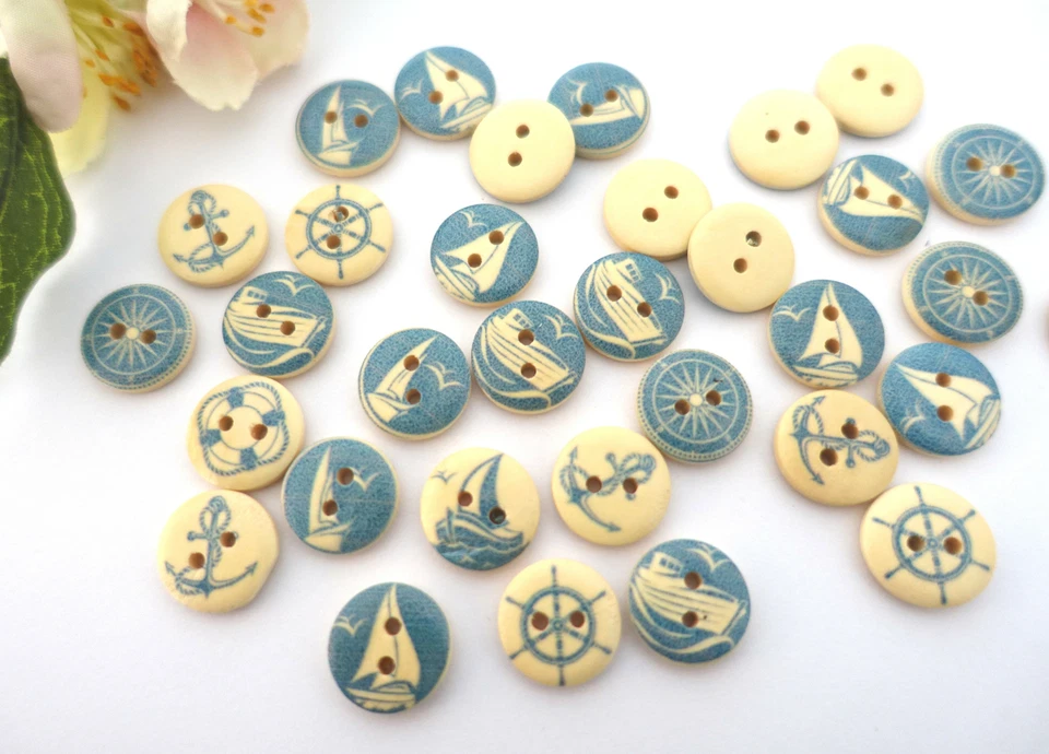 10x Knopf 15mm Rund Maritim Anker Boot Knöpfe Kinder Jungen Buben blau beige - Bild 2 von 3