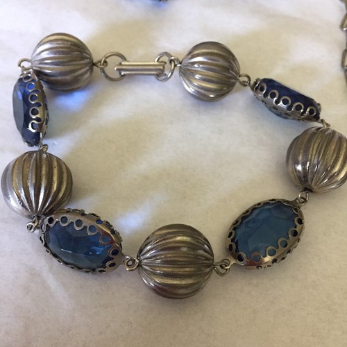 Conjunto de Pendientes Pulsera Collar Cuentas Filigrana Tono Plateado y Cristales Azules Años 60 De Colección - Imagen 2 de 12