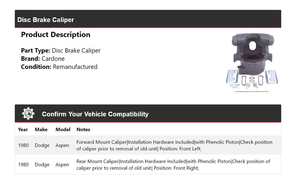 Pinza de freno de disco Cardone para Dodge Aspen 1980 Foto 2 de 4