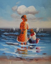 Tableau Peinture Huile sur toile: Paysage, jeux sable plage, deux enfants 20X25