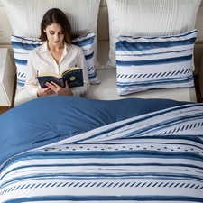 3 Piece Comforter Set Cotton Bedding Set w/ Pillowcase Blue White Striped Queen