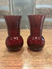 Pair of Vintage Anchor Hocking Ruby Red Vases Depression Glass MCM Triple Ring