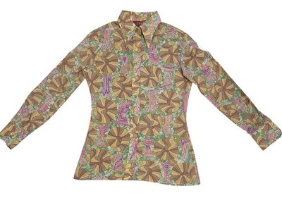 Vtg Disco Silky Shirt Womens /Youth? Psychedelic Funk Multicolor Abstract SZ 9
