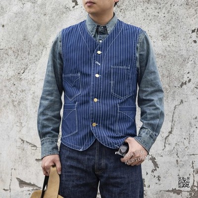 Red Tornado Vintage 10.5OZ Indigo WABASH Vest Striped Men Waistcoat Cotton Vest