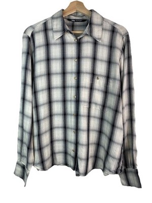Zara Women's M Plaid Gold Metallic Thread Long Sleeve Viscose Button Up Shirt