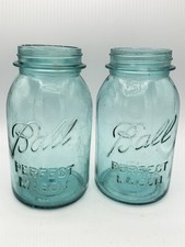 Vtg Ball Perfect Mason Blue Aqua Glass Quart Jars Lot 2 Decorative