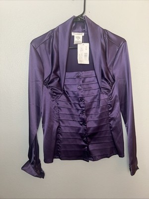 NWT NARA CAMICIE SHIMMERY PURPLE Satin  TUXEDO RUFFLED TOP ITALY, IV  US(10-12)