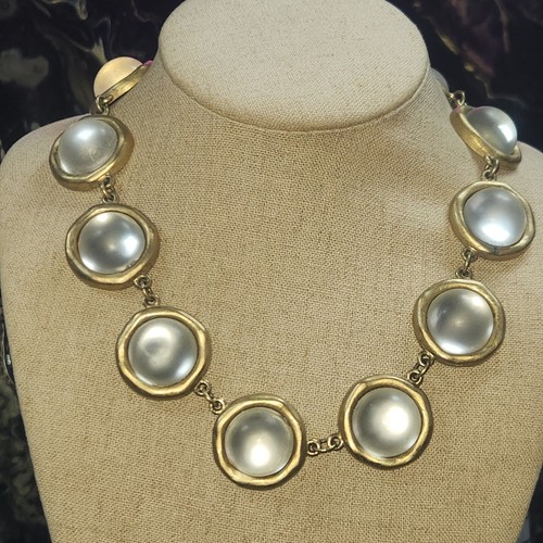 Biche De Bere Frosted Glass Cabochon Statement Necklace Matte Gold Tone Vintage
