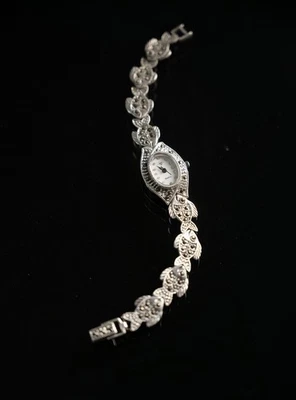 Art Déco Silberuhr 925 Sterling Markasit Zirkonia Fisch-Motiv Vintage 18,5 cm - Bild 1 von 4