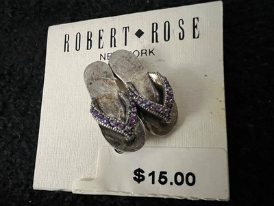Vintage Robert Rose Brooch Pin FLIPFLOP SANDALS Purple Rhinestones 1'' NEW!