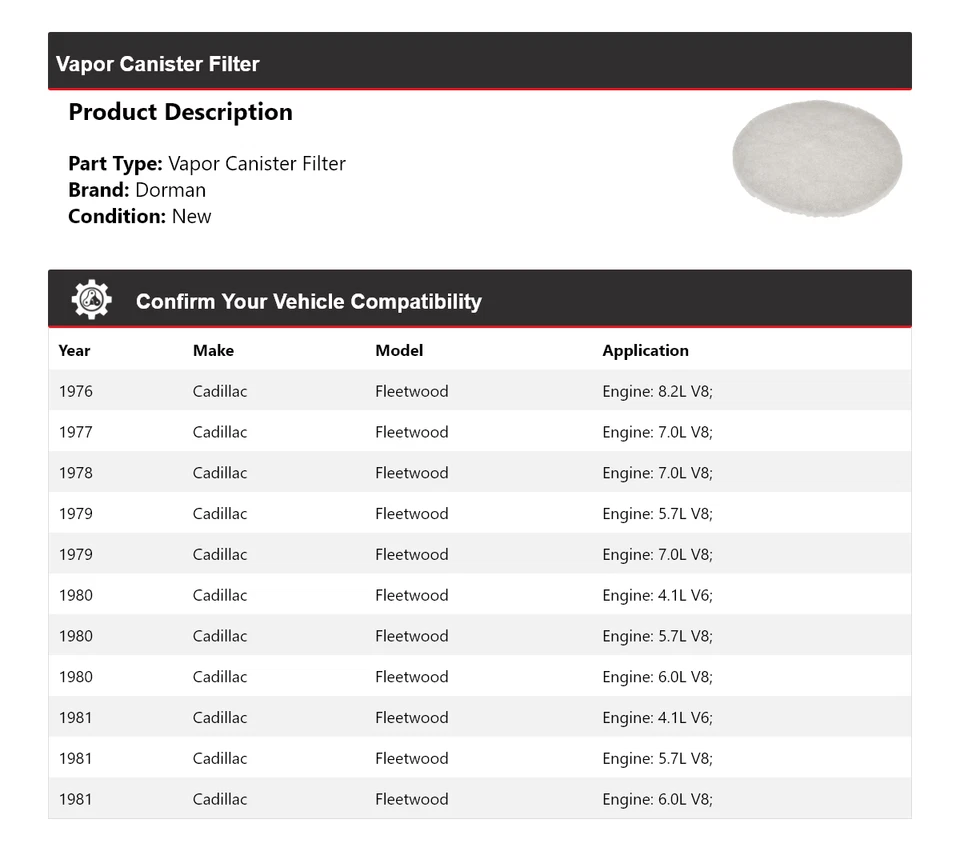 Filtro de bote de vapor para Cadillac Fleetwood Dorman 1976-1981 1977 1978 1979 Foto 2 de 4