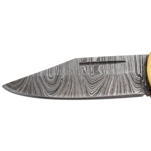 Cuchillo plegable de latón grabado personalizado colección de acero de Damasco - Imagen 4 de 8