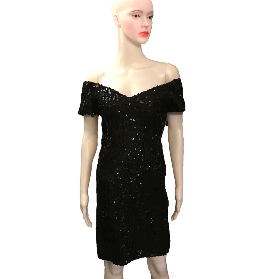 Vintage 80s Glenrob Black Sequined Off the Shoulder Convertible Cocktail Dress S - Image 2 of 4