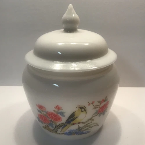 AVON VINTAGE White Milk Glass With Lid Ginger Jar Floral & Bird Design