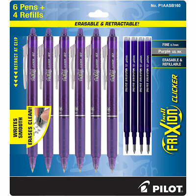 Pilot FriXion Clicker 07 Purple Erasable Gel Ink Pens, 6 Pens with 4 Refills